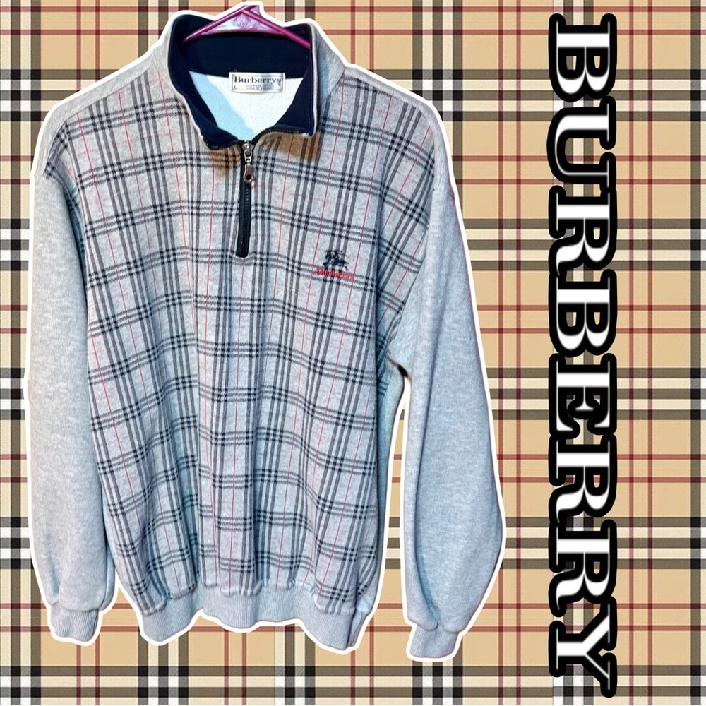 Burberry Gray Plaid Zip Up Sweater